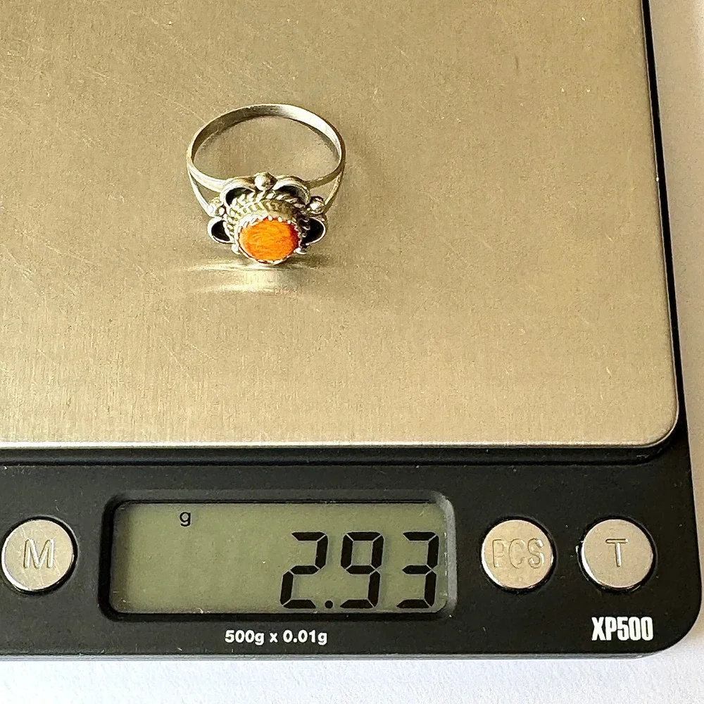 Navajo Flower Ring Orange Spiny Oyster Sz 9 Sterling Silver Scalloped Native